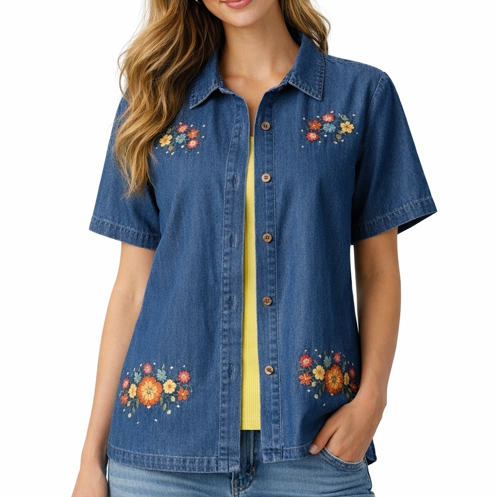 VTG LEMONGRASS Floral Embroidered Chambray 2Fer Short Sleeve Granny Shirt